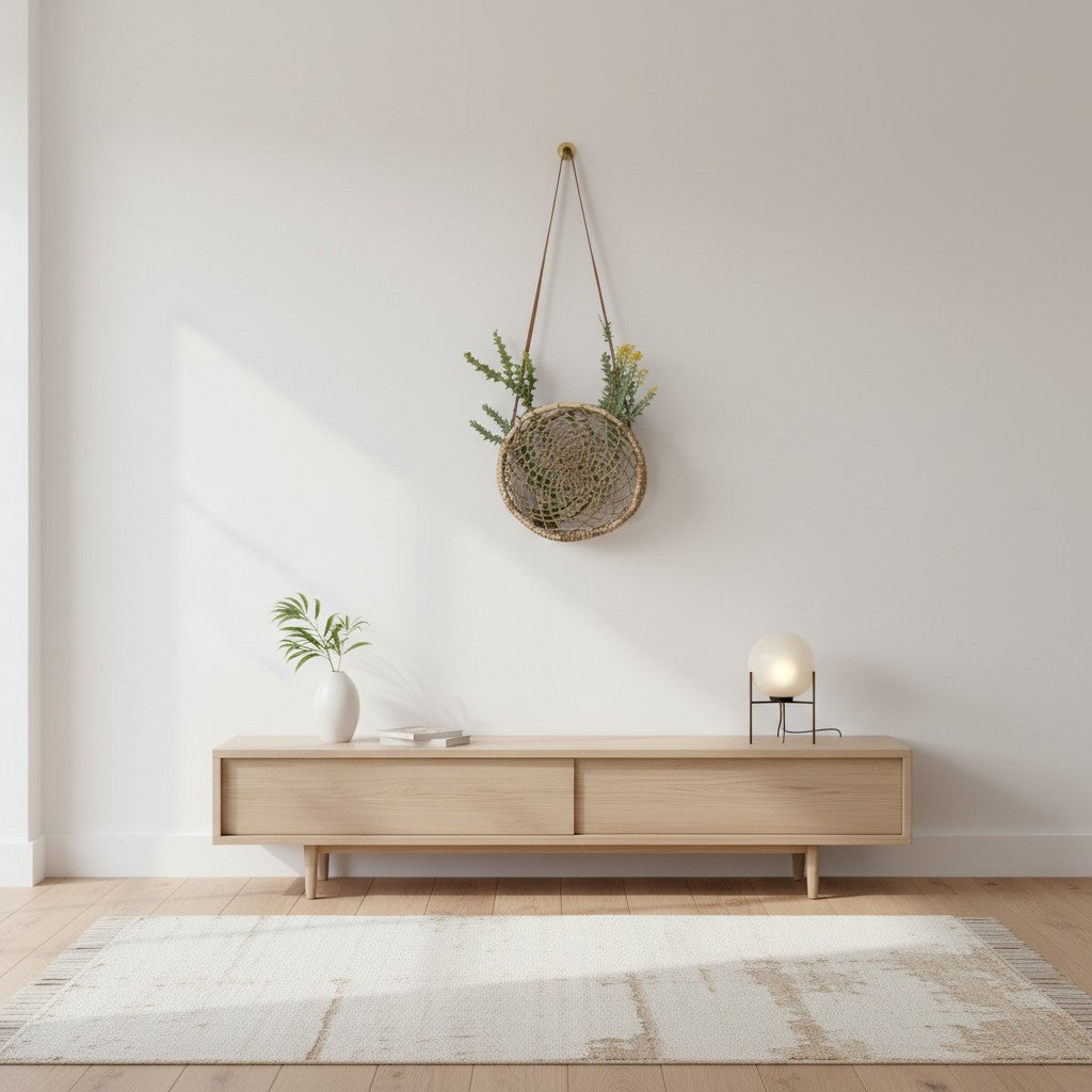 Circular woven wall basket with greenery hanging on a minimalist living room wall.