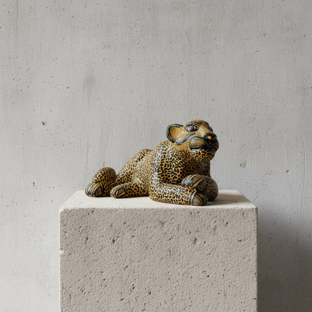 Hand-painted clay jaguar sculpture displayed on a concrete block against a textured gray wall