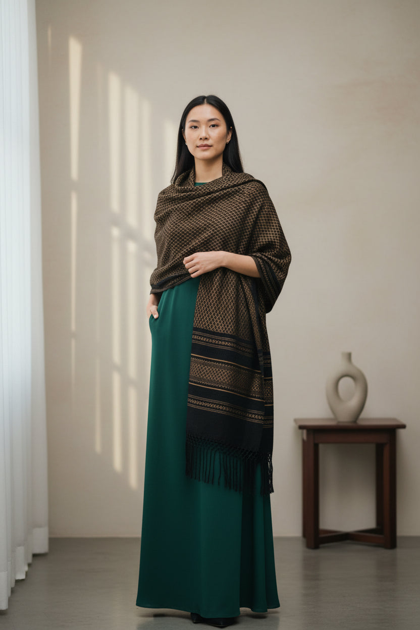 Golden handwoven cotton rebozo shawl with diamond woven pattern, styled over a green dress