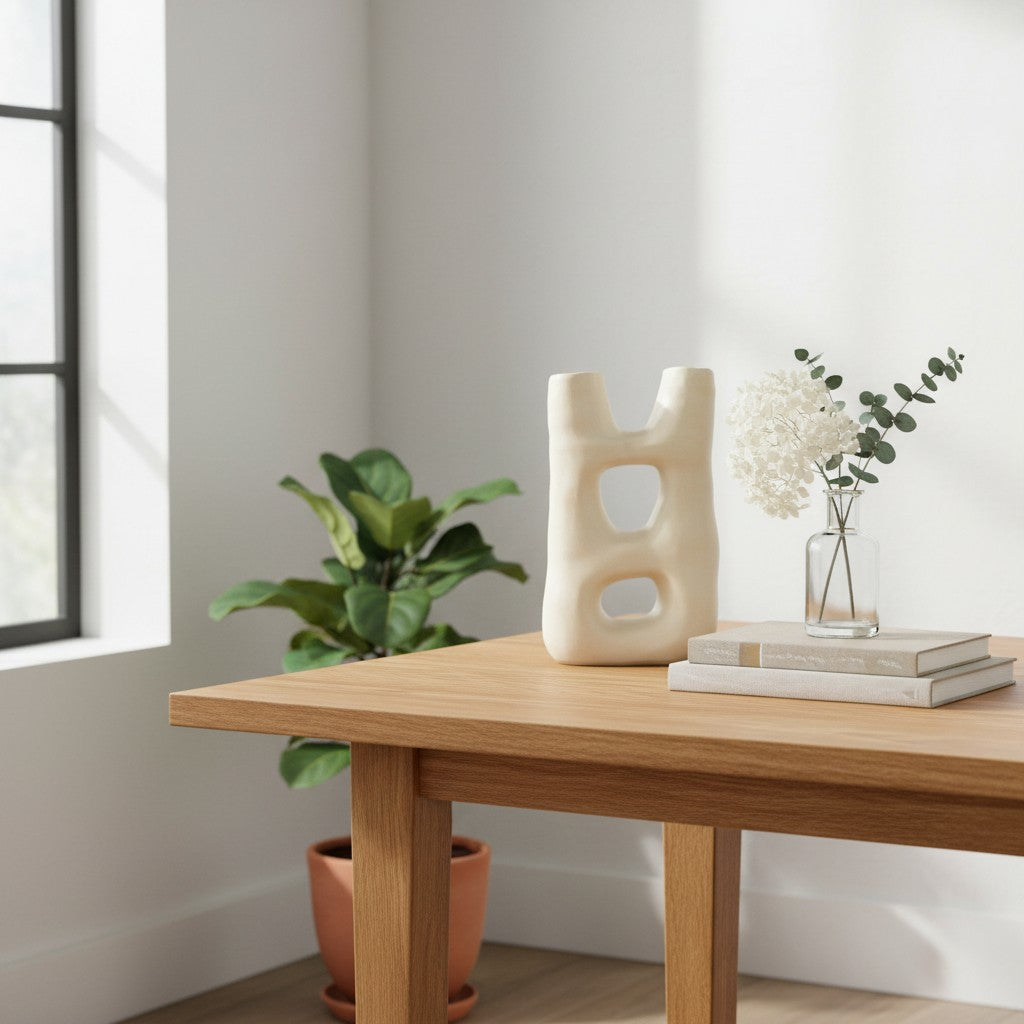 Off-white sculptural vase displayed in a modern living space with warm wood and natural light.