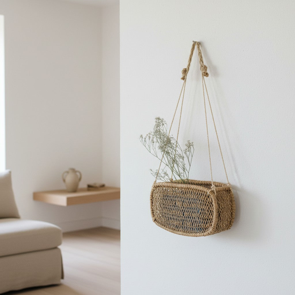 Minimalist wall basket made of natural fiber with plants displayed in a bright room