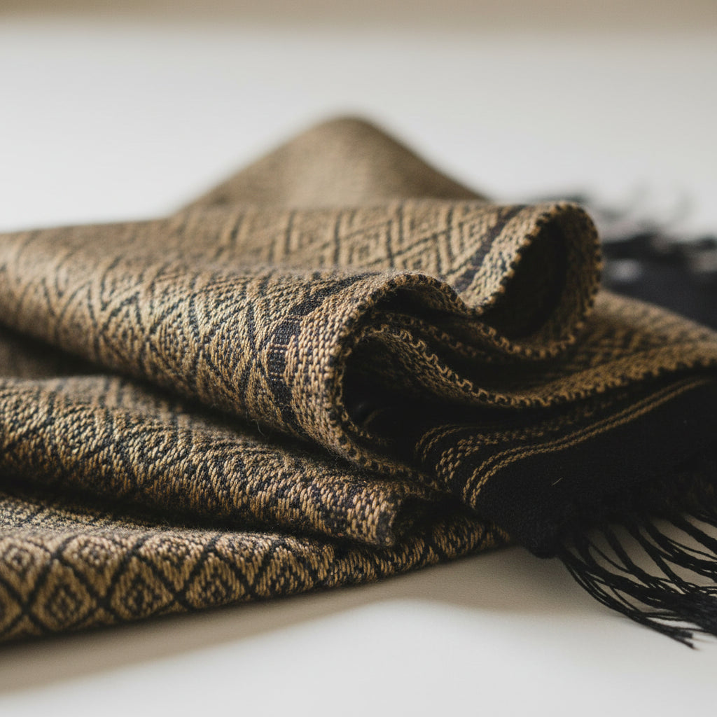 Close-up of folded handwoven cotton rebozo shawl in golden and black tones showing diamond woven texture