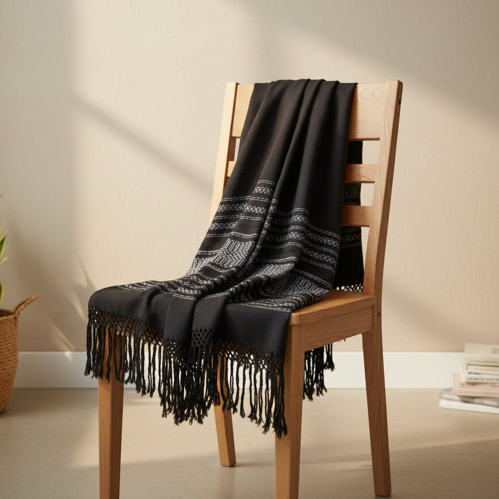 Black handwoven cotton shawl draped over a wooden chair, showing size and fringe detail