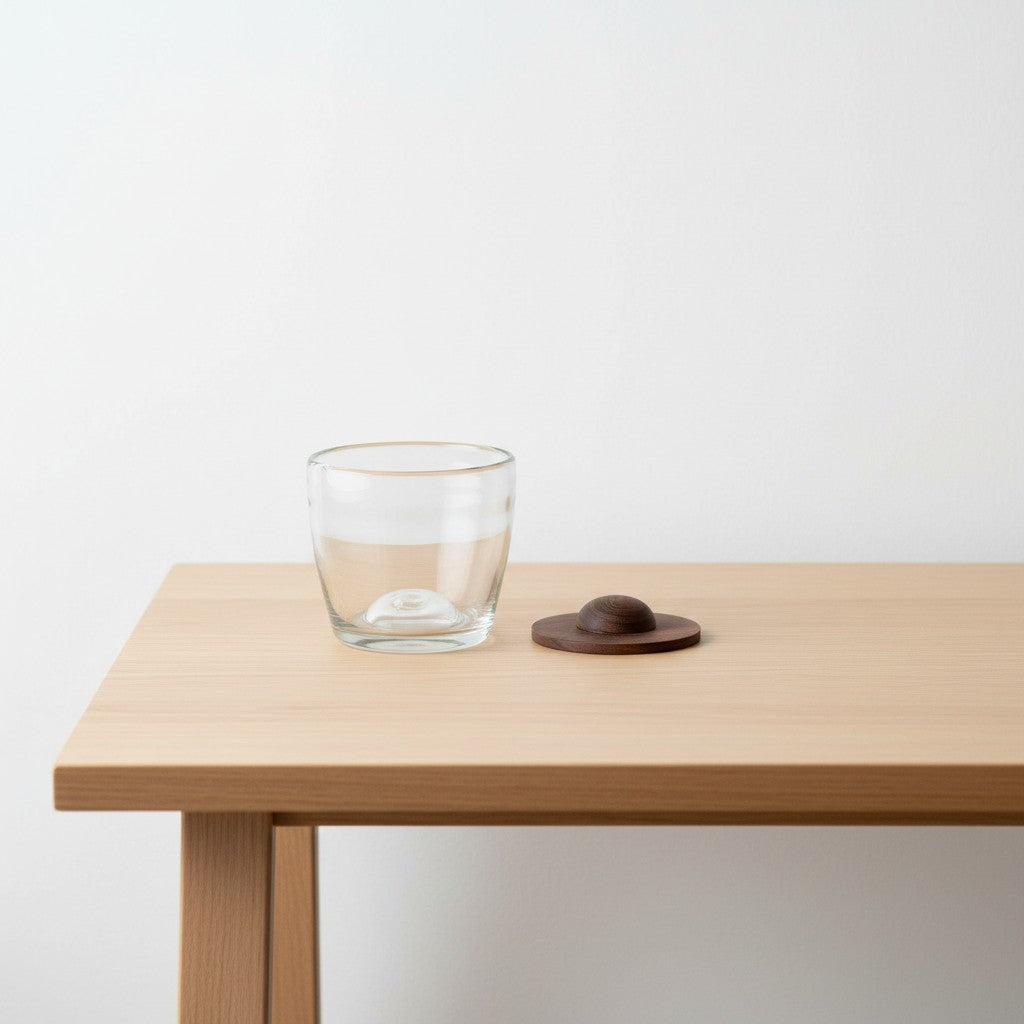 Clear glass tumbler with a wooden coaster on a light wood table against a white background.