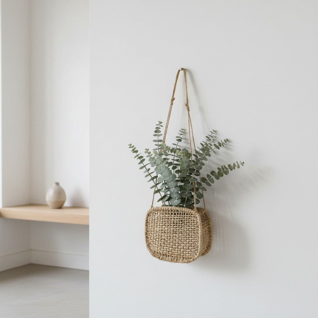 Woven square wall basket with eucalyptus against a white wall