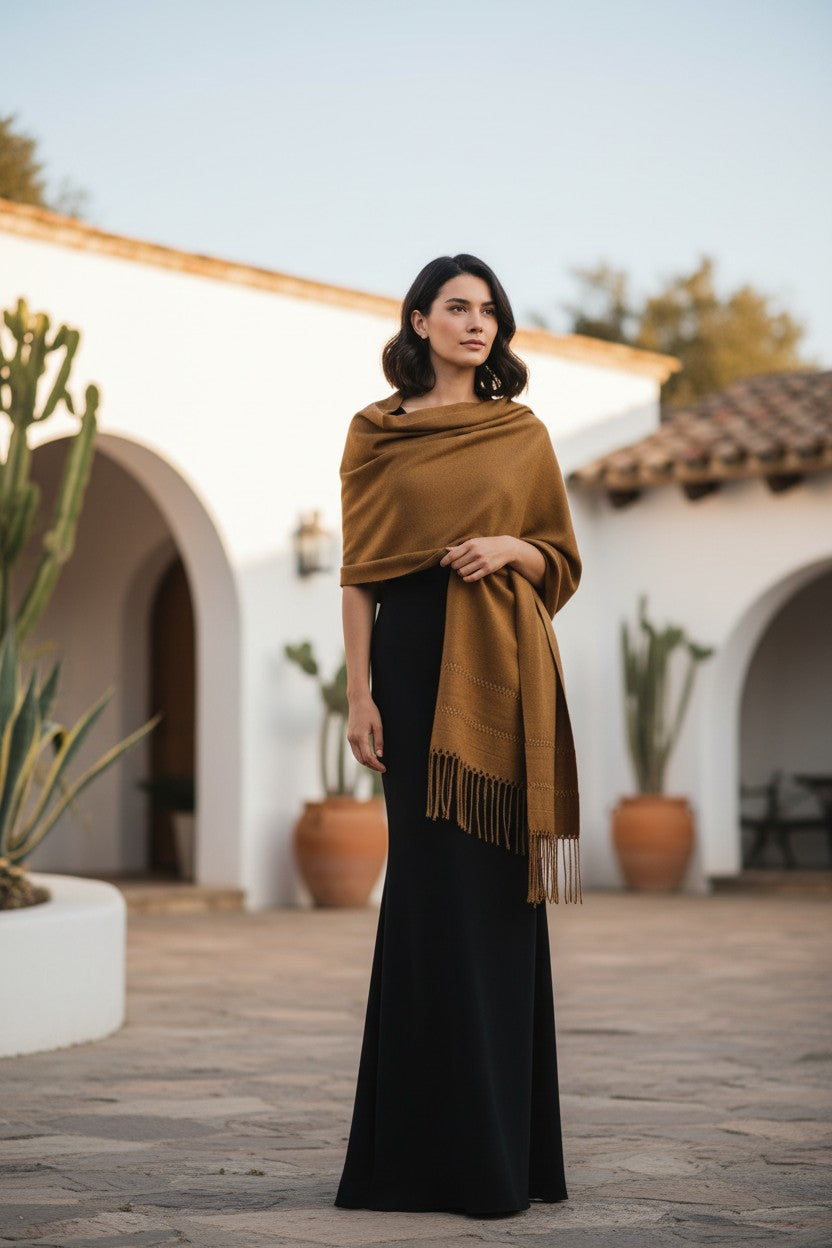 Woman wearing a camel golden over a long black evening dress in an outdoor courtyard.
