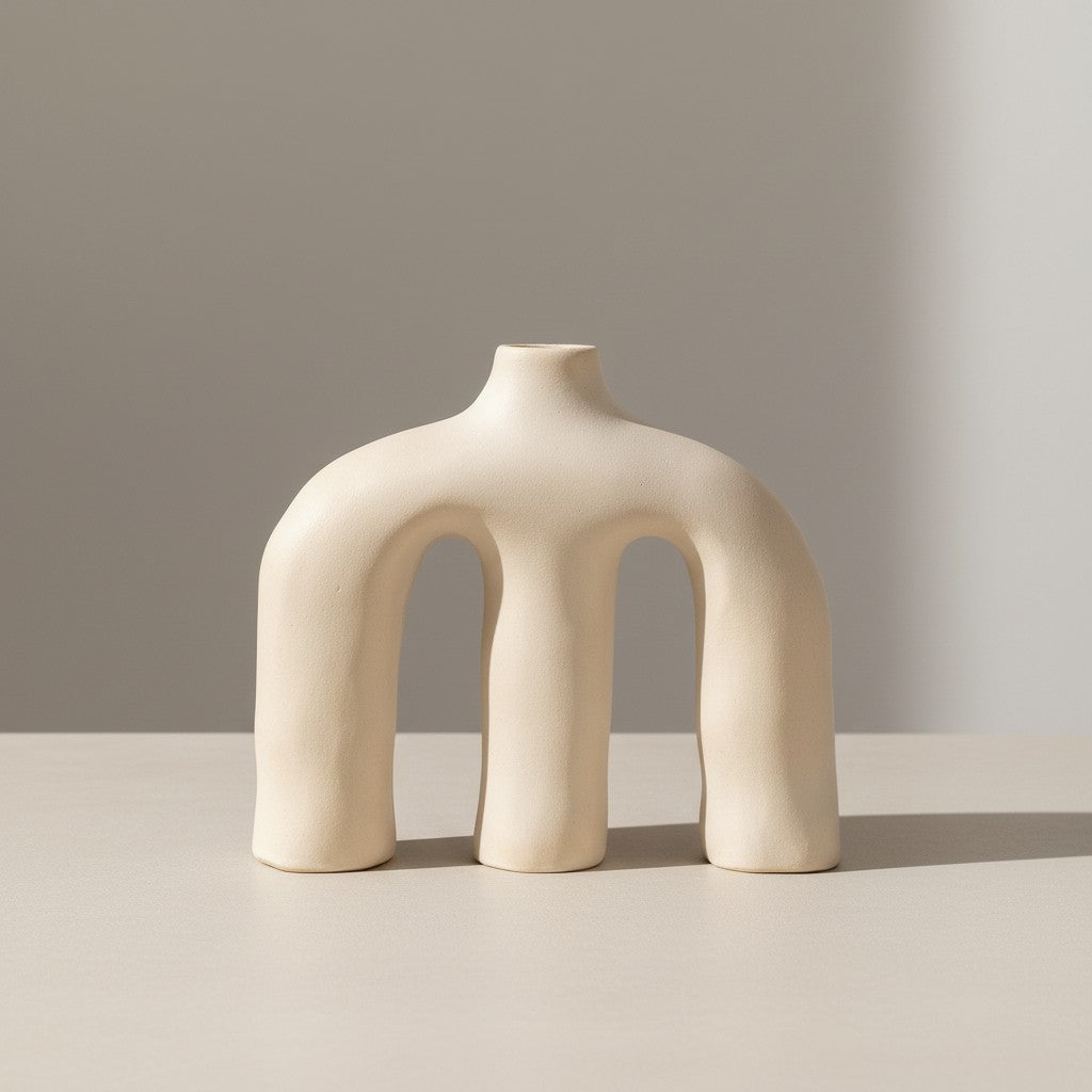 Bone-white sculptural ceramic vase with arched legs on a neutral surface.