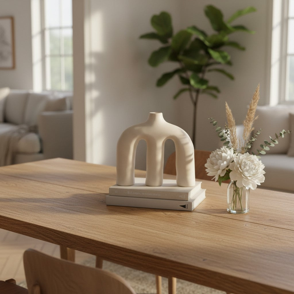Arched ceramic sculpture vase styled on a shelf with books and minimalist décor.