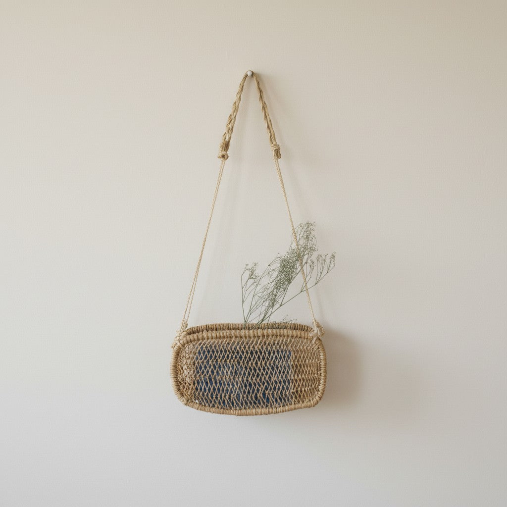 Rectangular woven wall basket hanging on a white wall with dried flowers inside