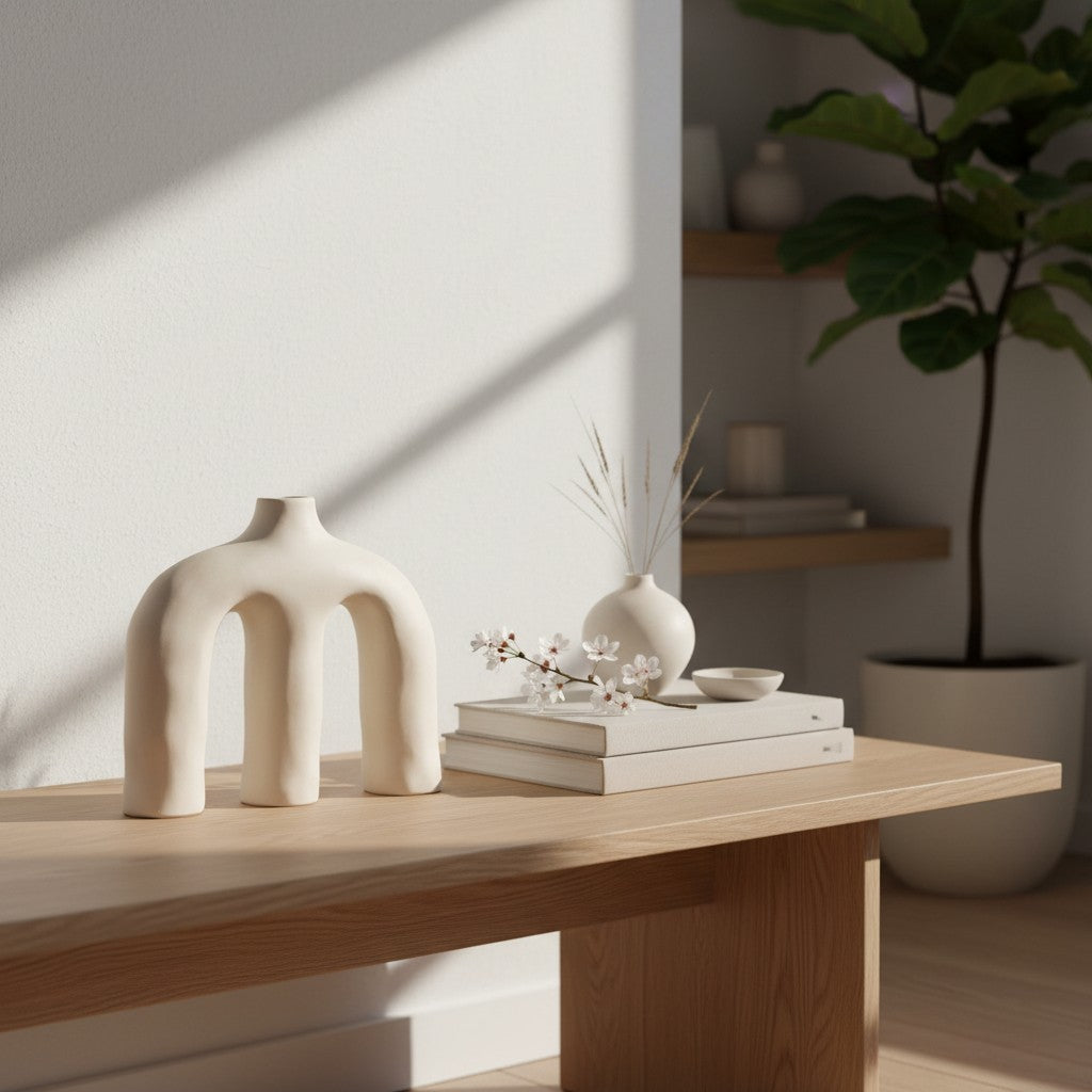 Handcrafted bone-white sculptural vase displayed on a wooden surface in natural light.