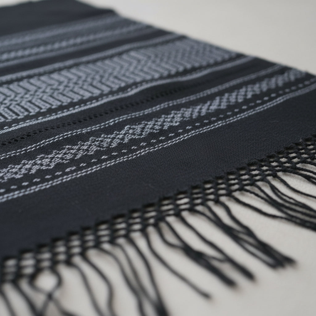 Close-up of black handwoven cotton rebozo fabric with woven border pattern and hand-knotted fringe