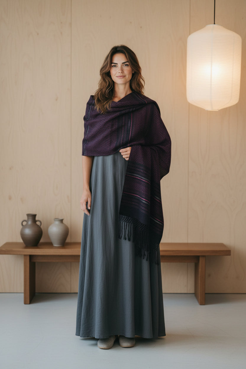 fuchsia handwoven cotton rebozo shawl with traditional woven borders, styled in a warm minimalist room