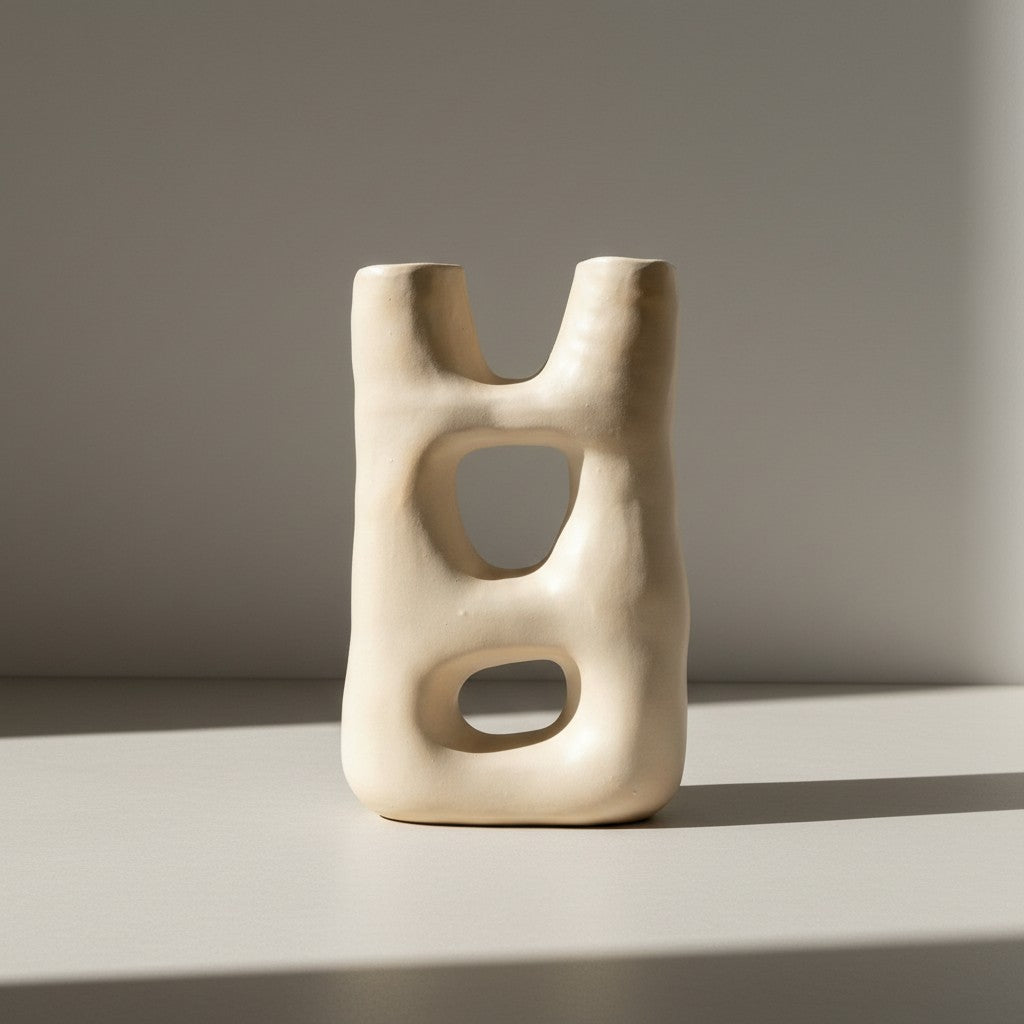 Minimalist off-white ceramic portal vase displayed on a light grey surface.