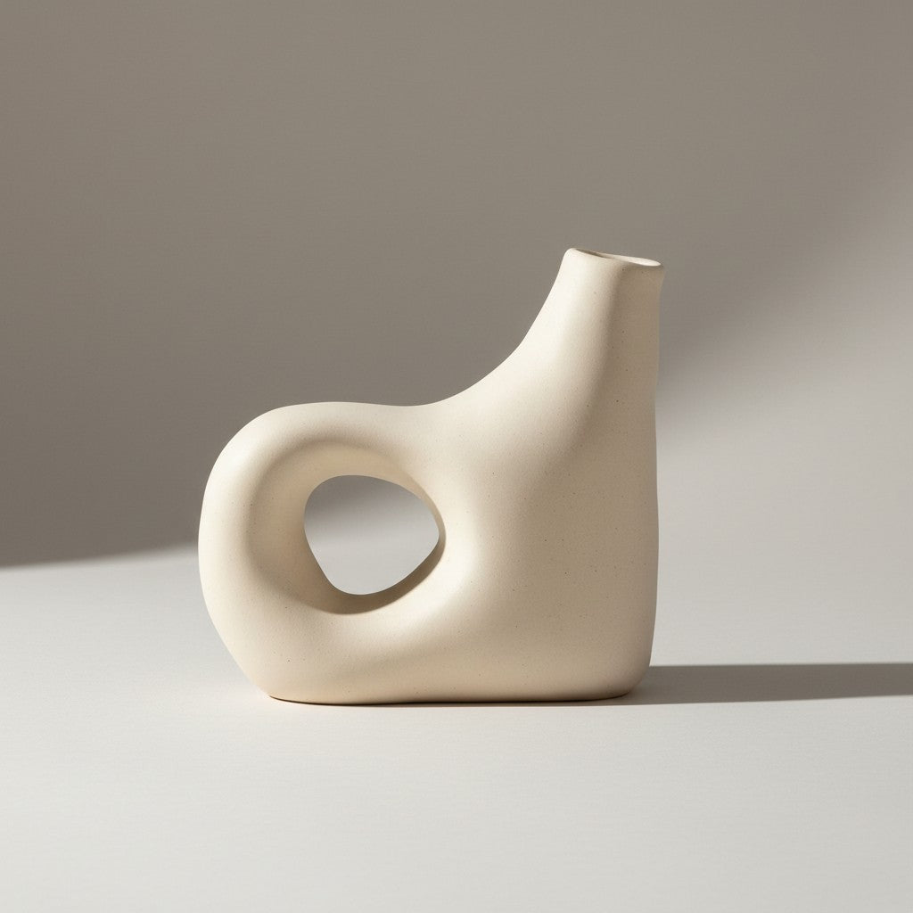 Off-white sculptural ceramic vase with curved spout design on a neutral background.