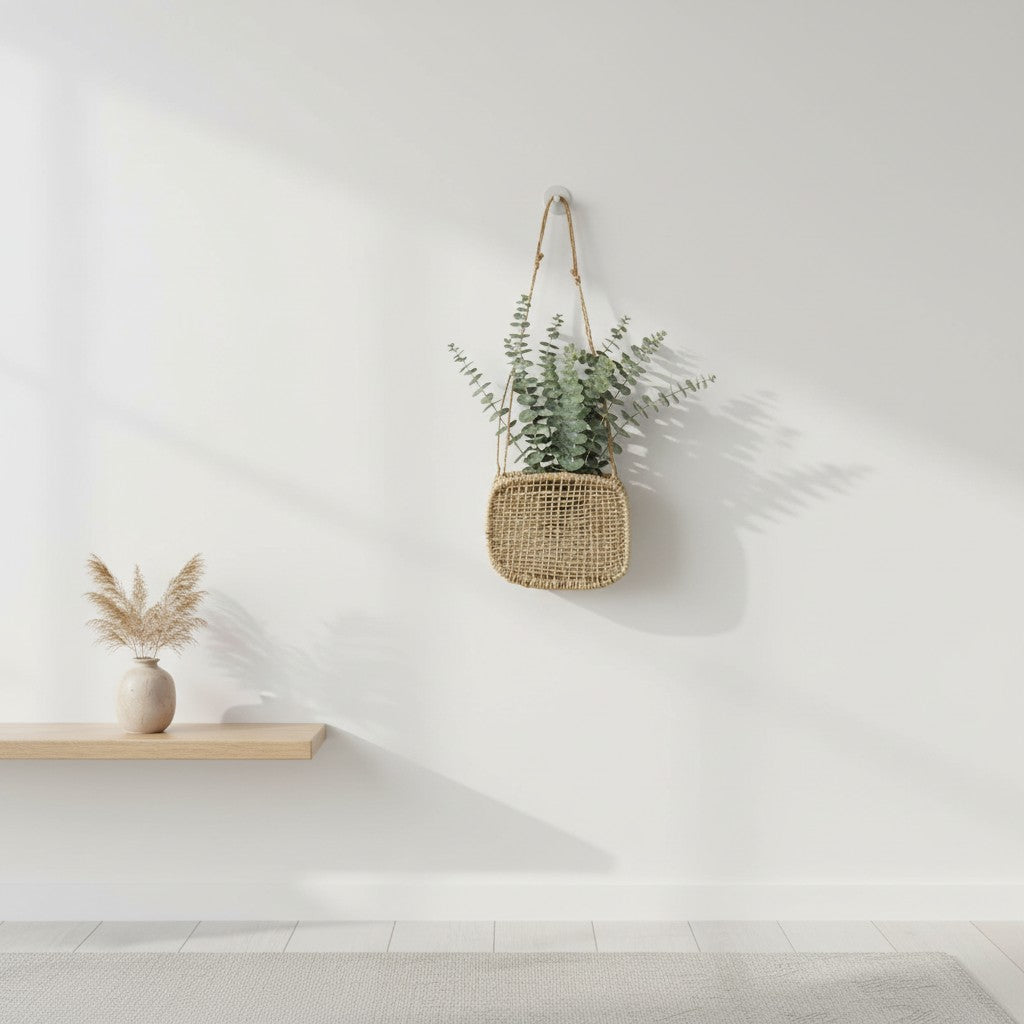 Woven square wall basket with greenery by a wooden shelf on a white wall