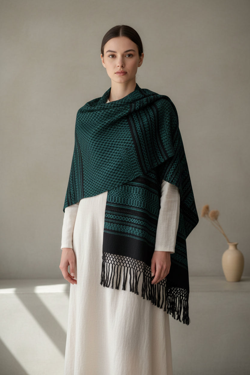Dark green handwoven cotton rebozo shawl with subtle diamond weave, styled over a light dress in a minimalist interior