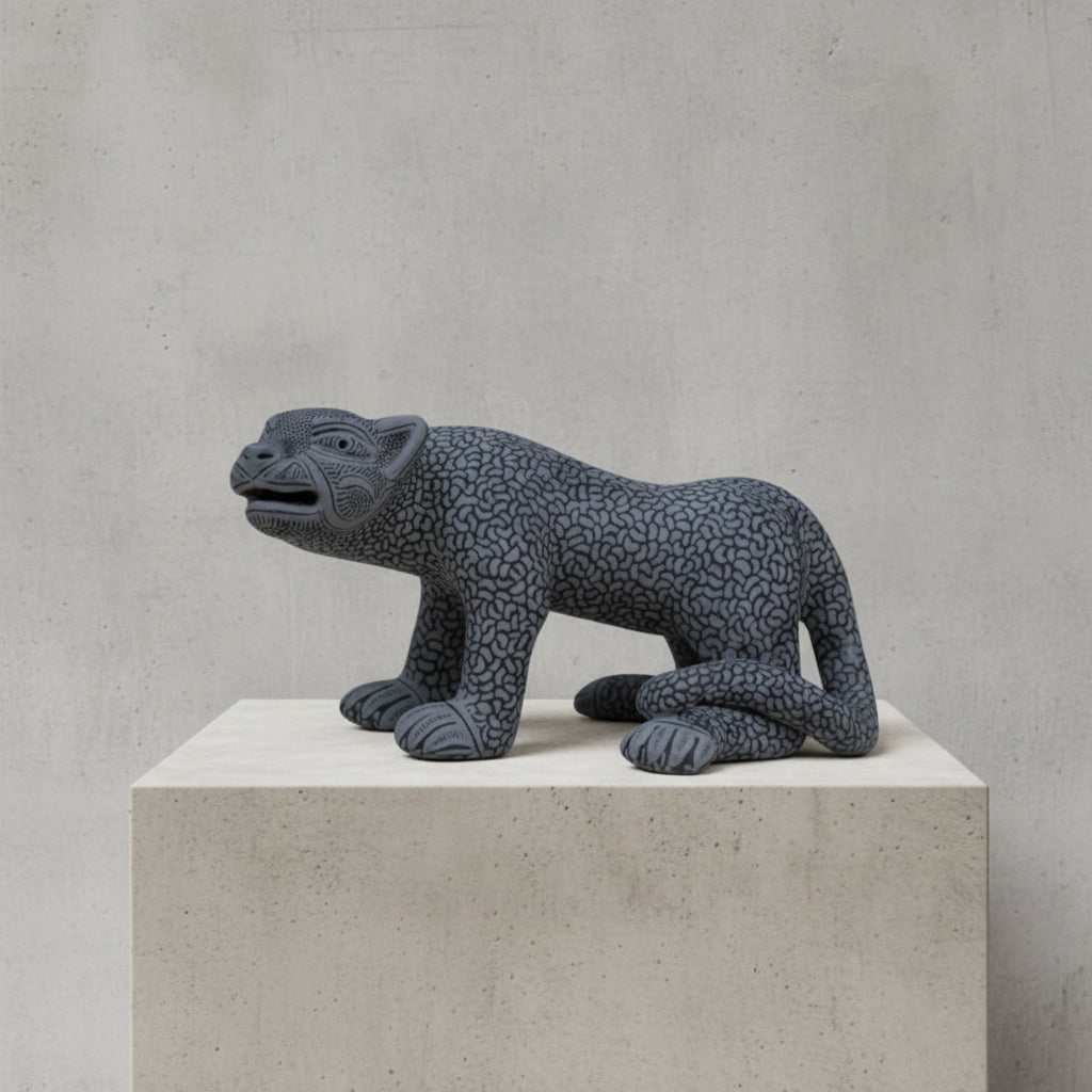 Gray Hand-painted Mayan jaguar clay sculpture on a concrete pedestal, handmade Mexican folk art