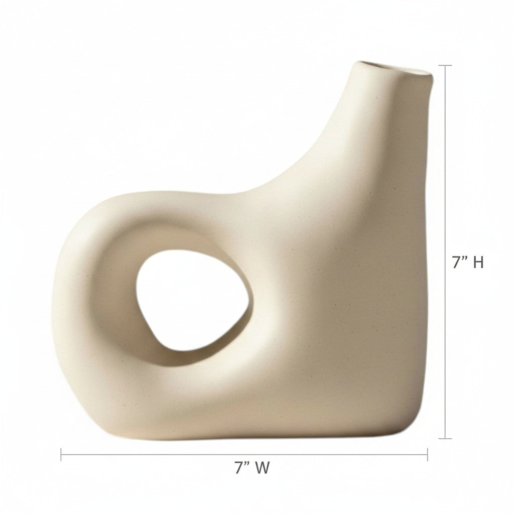 Curved spout ceramic vase with dimensions shown: 7 inches wide and 7 inches tall on a white background.