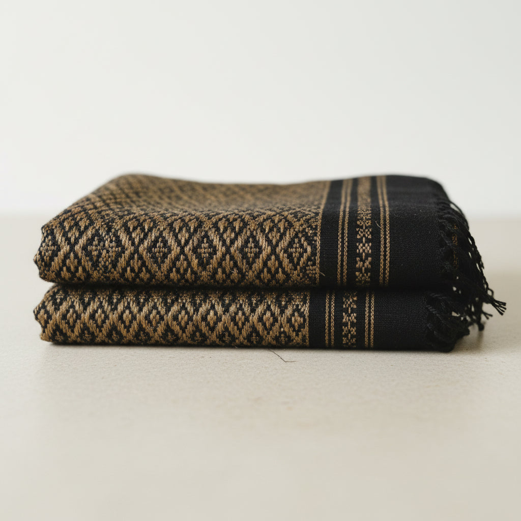 Folded handwoven cotton rebozo shawl stacked to show woven borders and traditional textile details