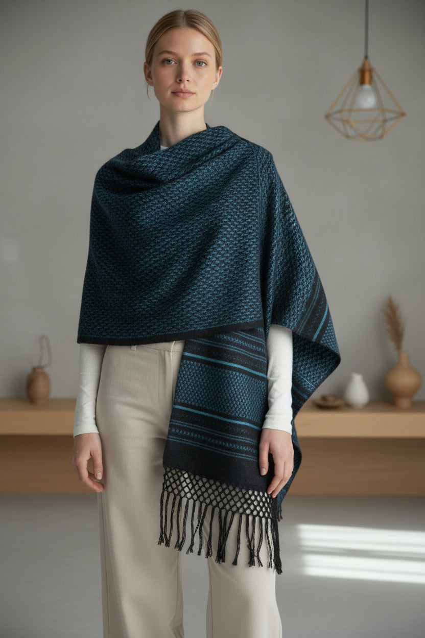 Deep blue handwoven cotton rebozo shawl with subtle woven texture and fringe, styled indoors