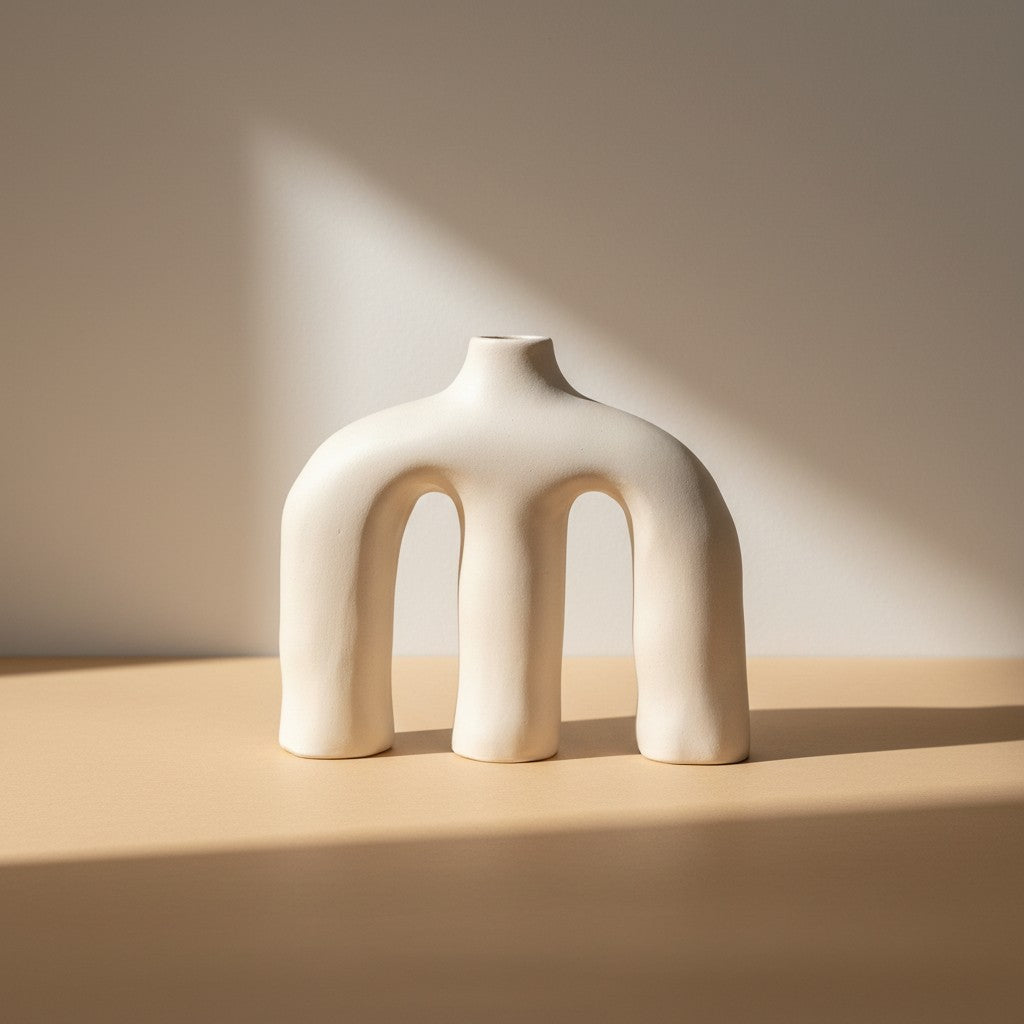 Triple-arch ceramic sculpture vase in matte bone-white finish displayed on a warm beige tabletop with natural light.