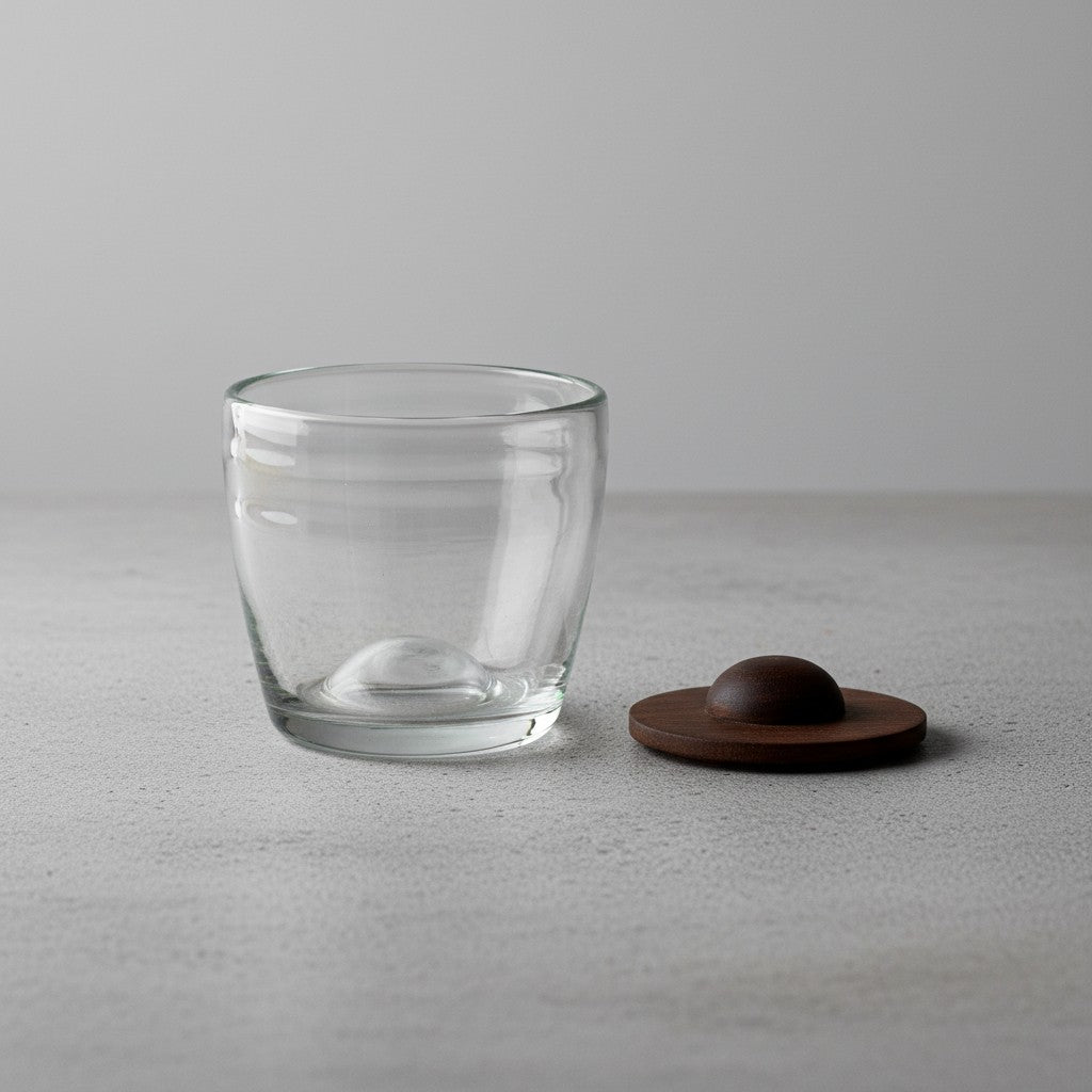 Clear hand-blown glass tumbler with its parota wood coaster on a light gray surface.