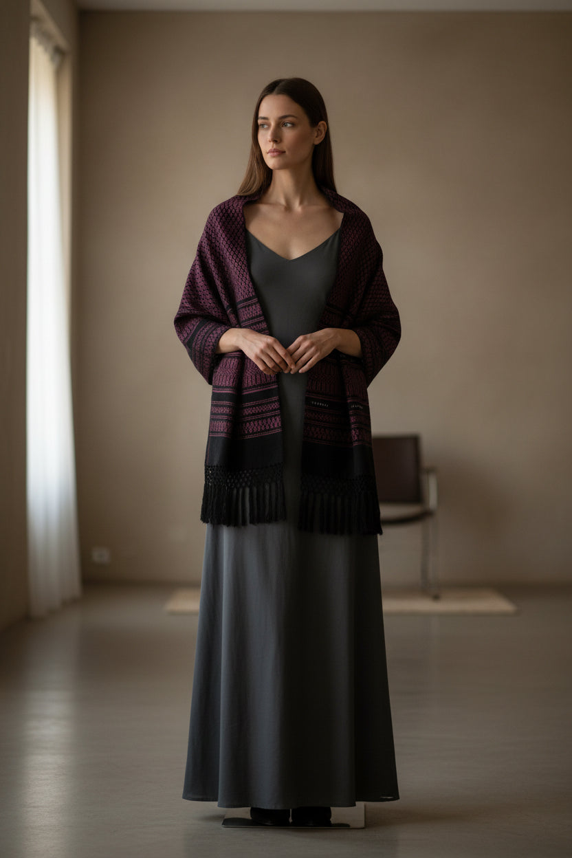 Handwoven cotton rebozo shawl in mauve tones, styled as an elegant wrap over a dark dress