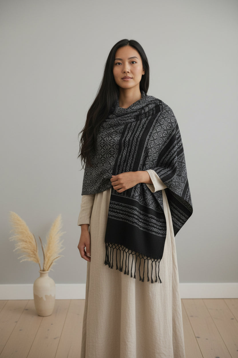 Handwoven charcoal and black cotton rebozo shawl styled over a neutral outfit, lightweight and breathable texture.