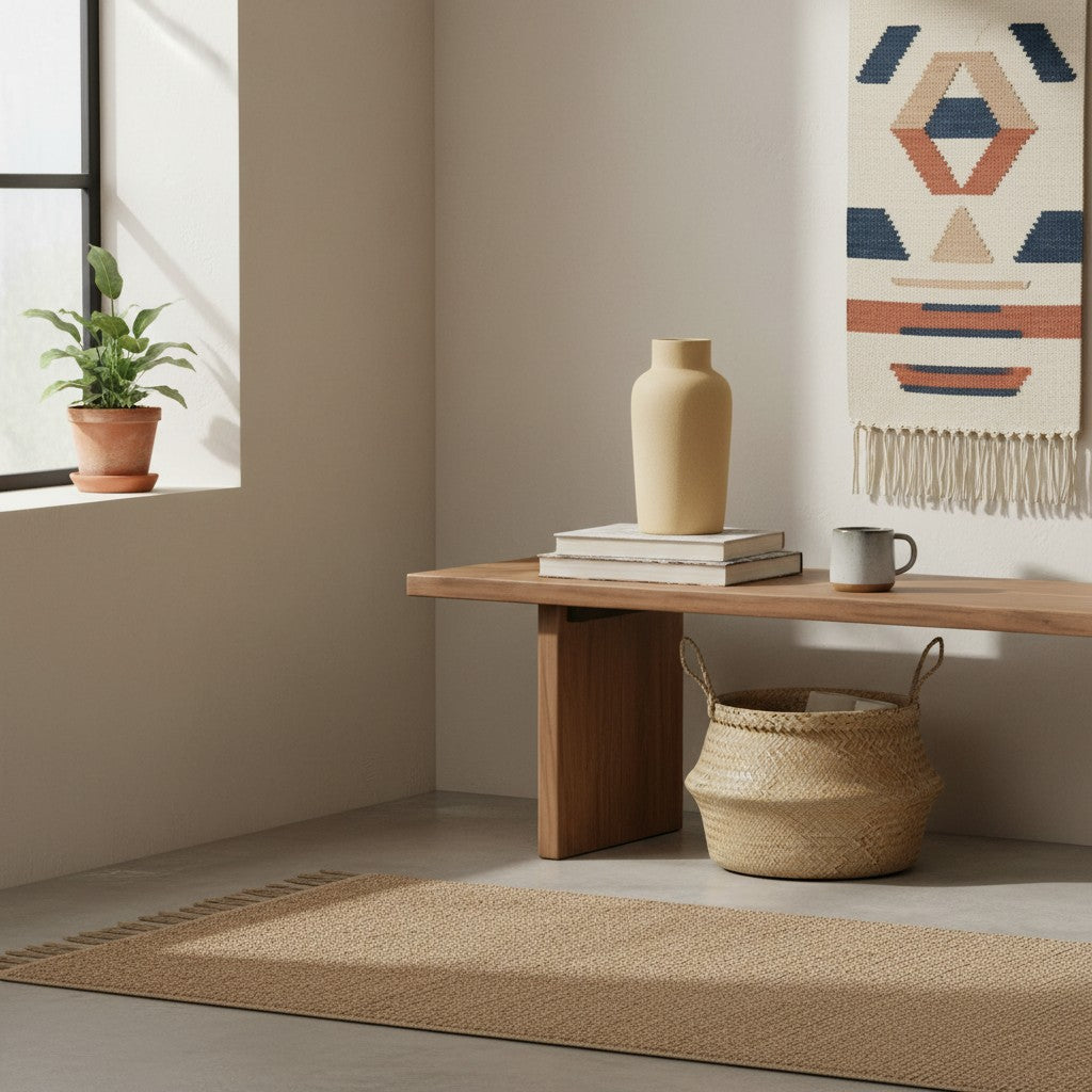 Beige ceramic vase styled on a wooden bench with books, a woven basket, and a neutral minimalist room setting.