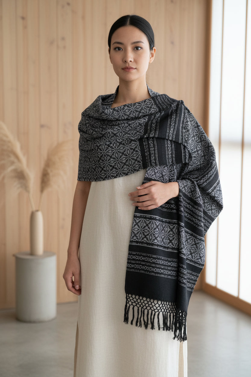 Charcoal and black handwoven Mexican rebozo shawl worn as a wrap, showing detailed floral backstrap loom weaving.