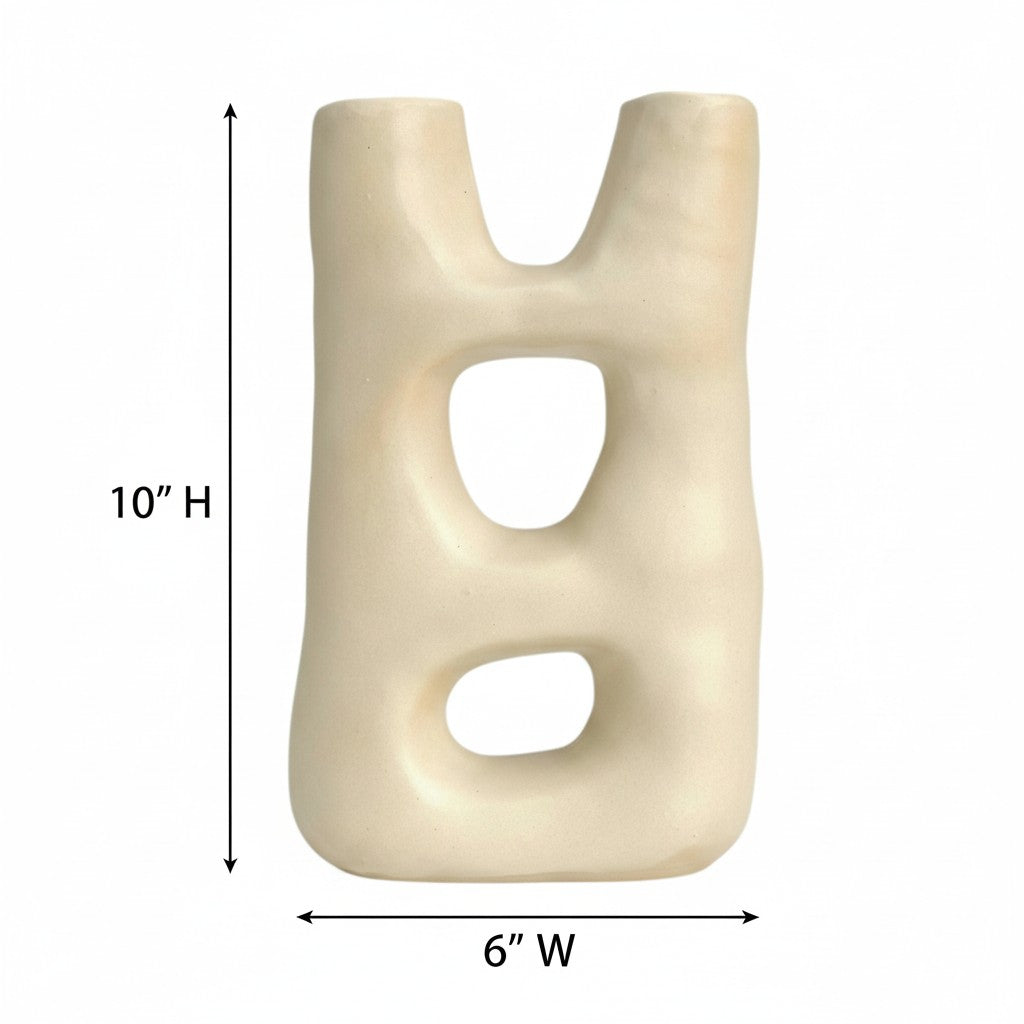 “Double-portal ceramic vase with dimensions labeled: 10 inches tall and 6 inches wide on a white background.