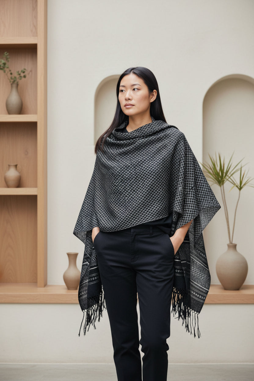 Black and charcoal handwoven cotton rebozo shawl featuring a textured diamond weave and fringe detail