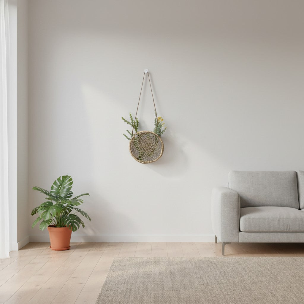 Circular jonote wall hanging basket with greenery displayed in a modern living room with a gray sofa.