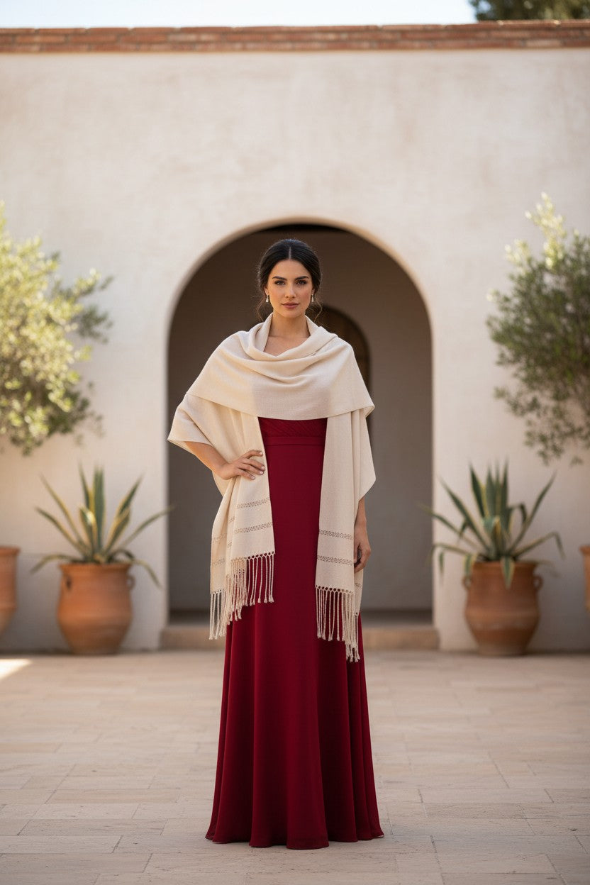 Woman wearing an ivory woven shawl over a red formal gown standing in a Spanish-style courtyard.