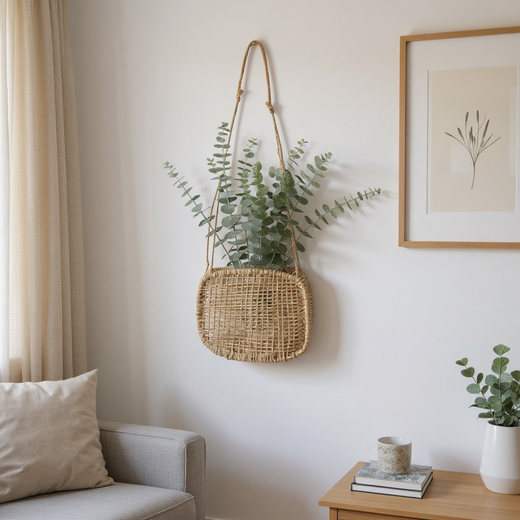 Woven square wall basket with eucalyptus in a minimalist living room