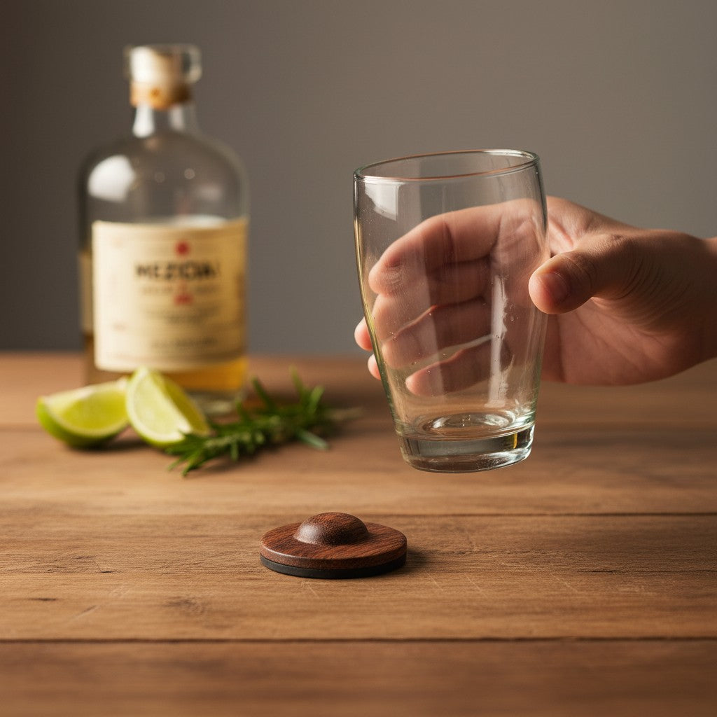 Hand holding a clear glass tumbler over a wooden table with a mezcal bottle, lime wedges, and rosemary in the background.
