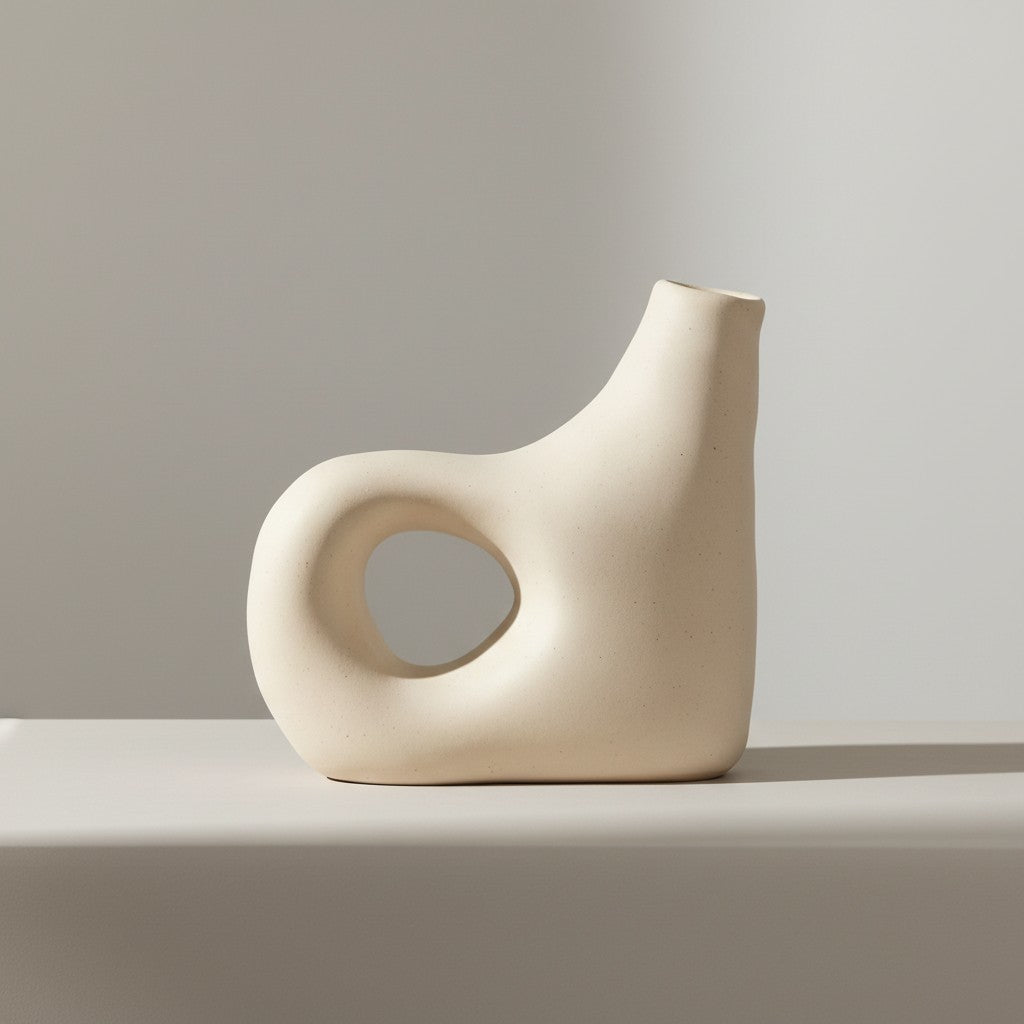 Handmade curved spout ceramic vase displayed on a light grey surface.