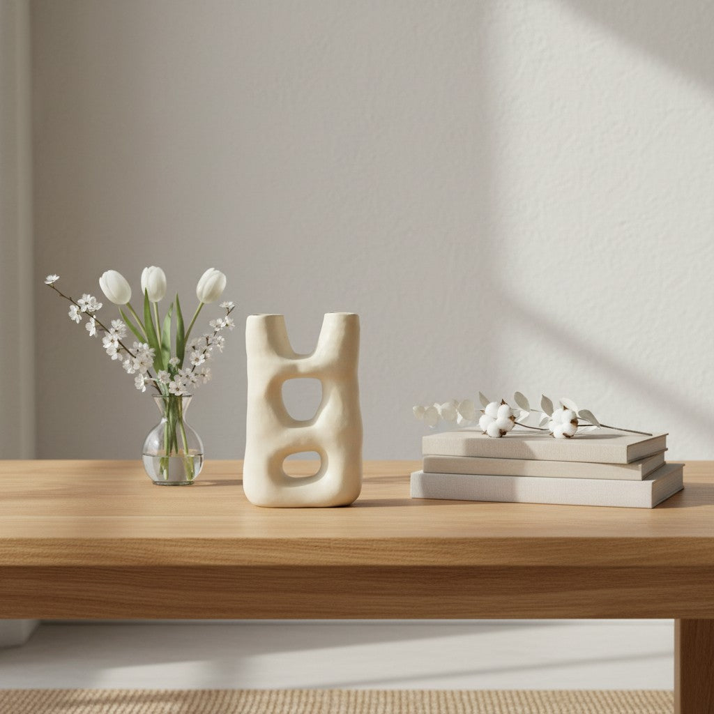Double-portal ceramic vase styled with greenery on a wooden surface in a bright minimalist room.