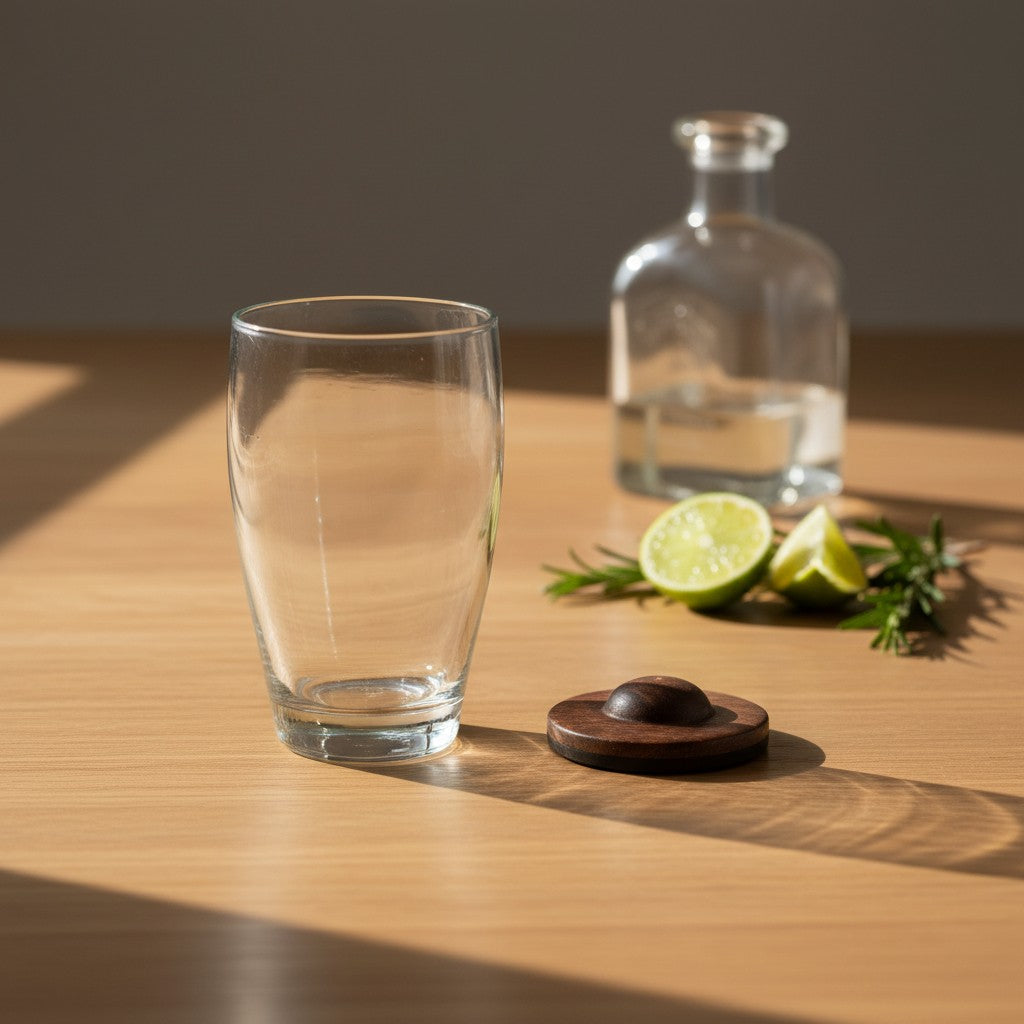 Clear glass tumbler on a wooden table with lime wedges, rosemary, and a mezcal bottle softly blurred in the background.
