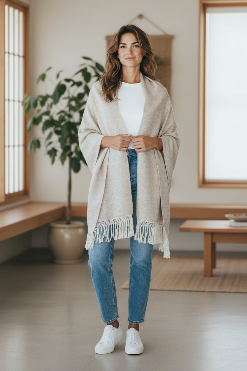 Woman wearing a beige handwoven cotton shawl indoors, styled as a wrap in a minimalist space