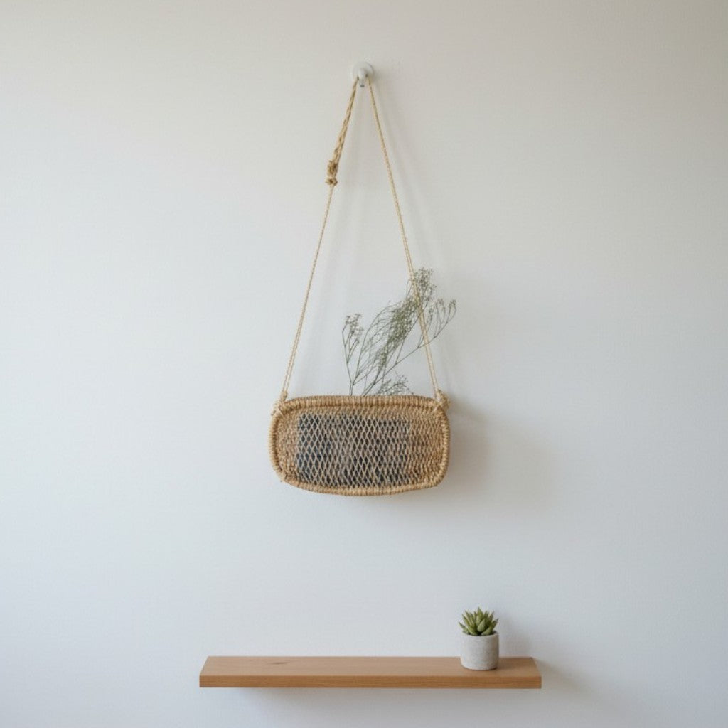Rectangular woven wall basket hanging above a small wooden shelf with a plant