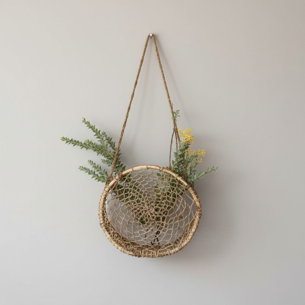 Woven circular jonote wall hanging basket with greenery against a neutral wall.