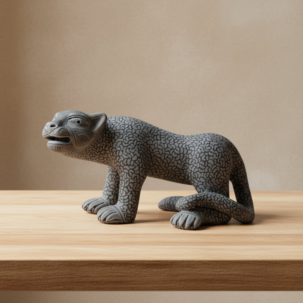 Hand-painted clay jaguar figurine from Amatenango del Valle resting on a wooden table against a beige wall