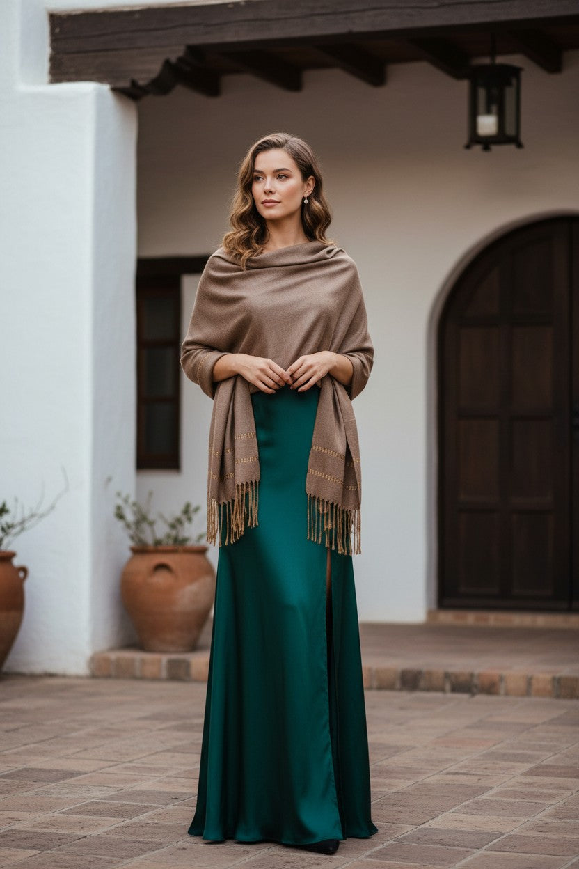Woman styled in a mocha handwoven rebozo shawl layered over a teal satin gown, standing in a courtyard with white adobe walls.
