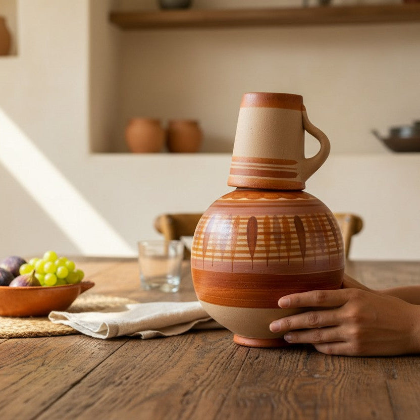 Hand resting on a handmade Barro Canelo clay water jug from Tonalá, Jalisco, showing its rounded silhouette, matching cup, and natural scale on a wooden table