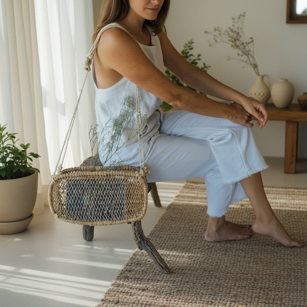 Handwoven rectangular jonote basket bag resting by the model’s side in a bright minimalist room with plants