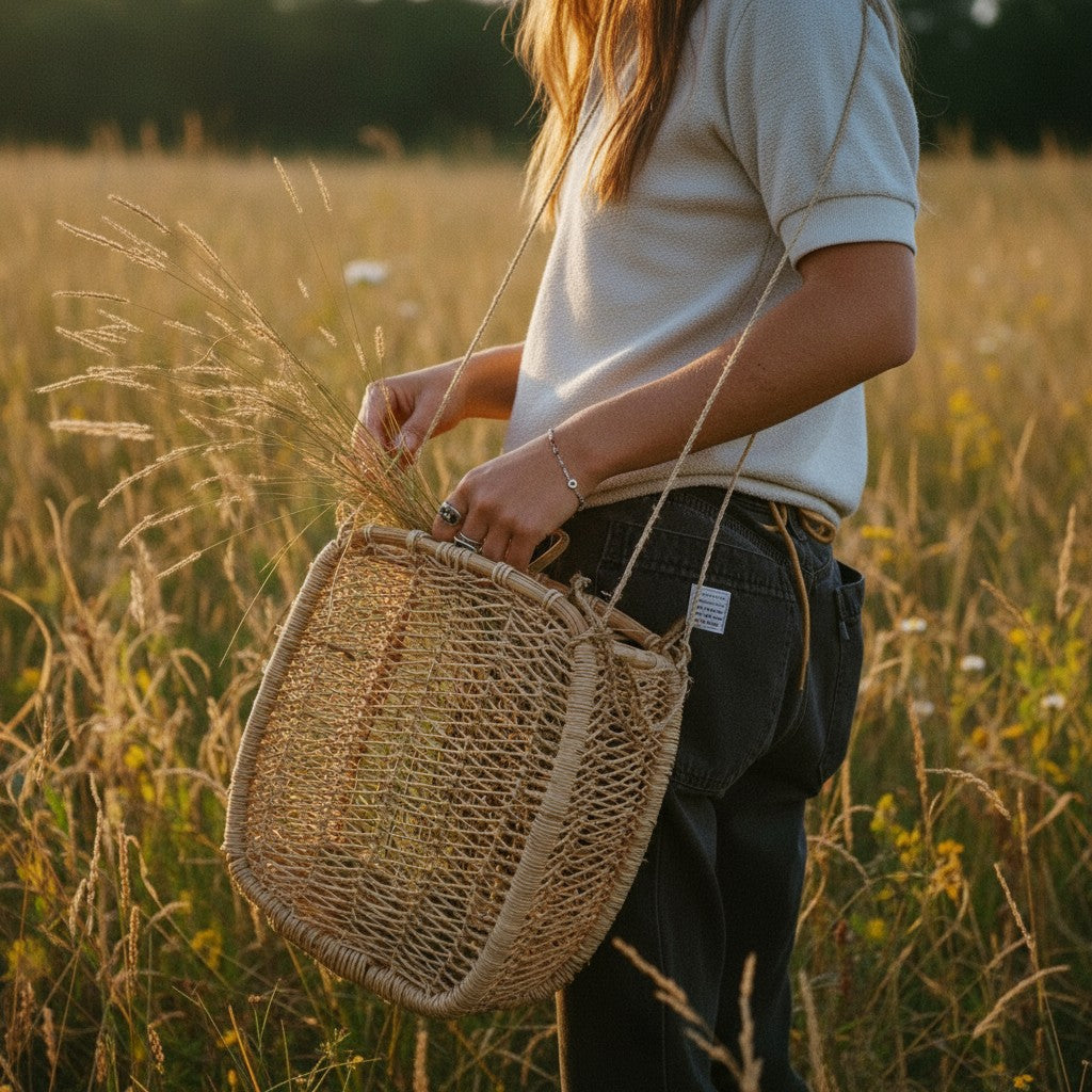 Square woven jonote basket styled as a crossbody bag outdoors in natural golden light