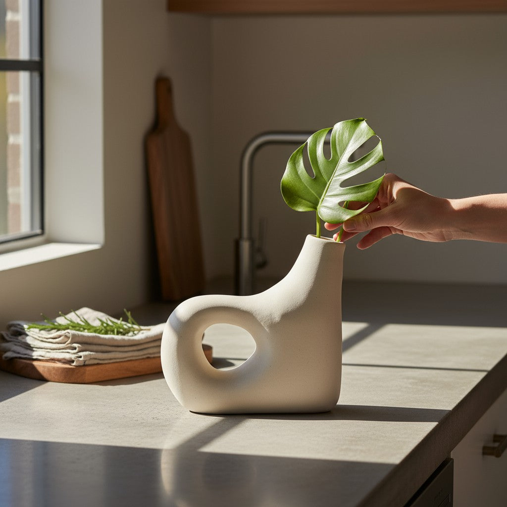Curved spout ceramic vase styled with a plant on a wooden table in a modern kitchen setting.
