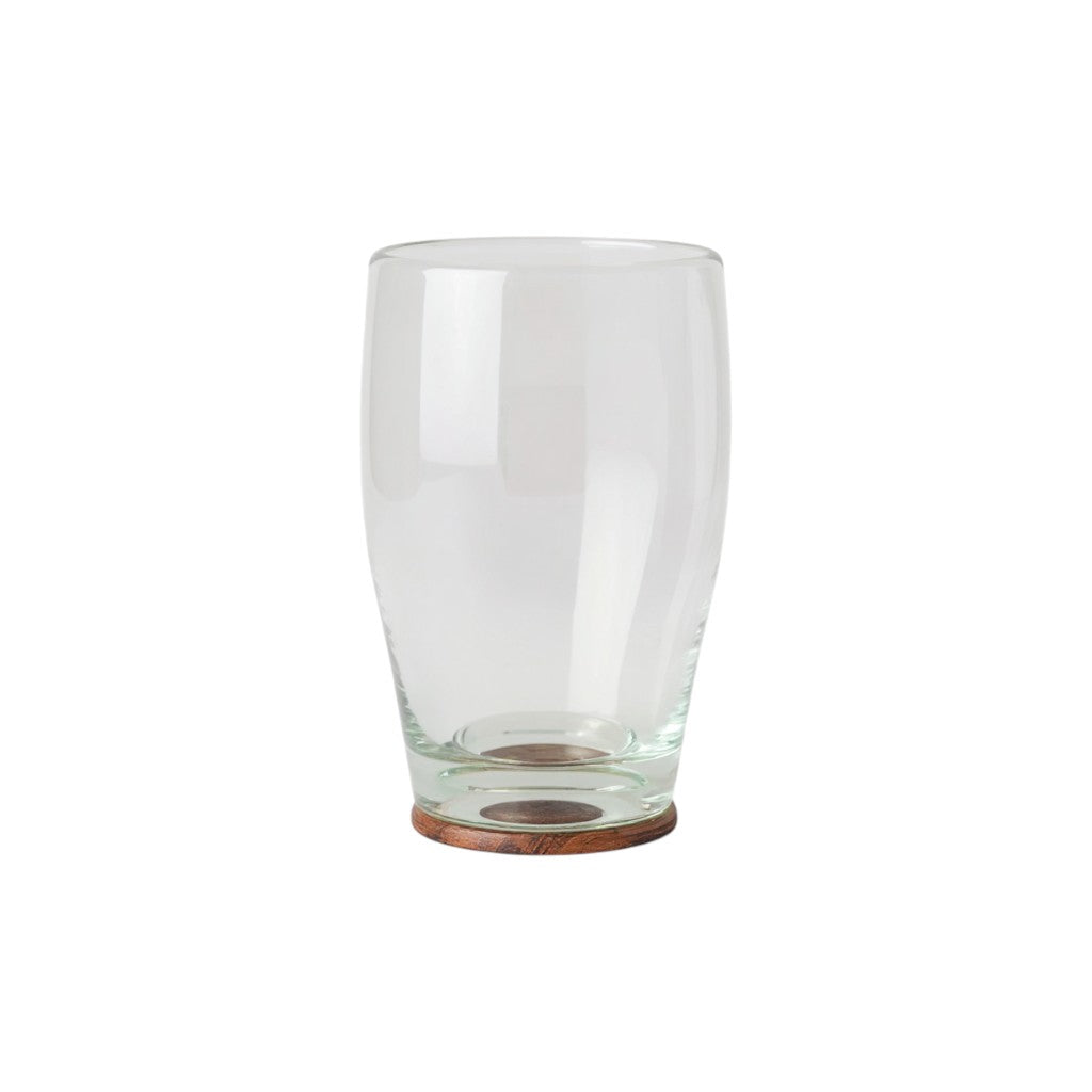 Single clear recycled-glass tumbler resting on its matching parota wood coaster against a white background.