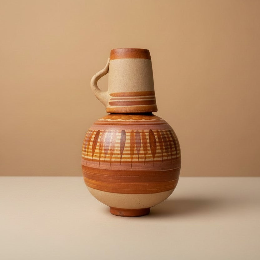 Handmade Mexican clay water jug with its matching cup resting upside down over the opening, traditional Barro Canelo pottery from Tonalá, Jalisco